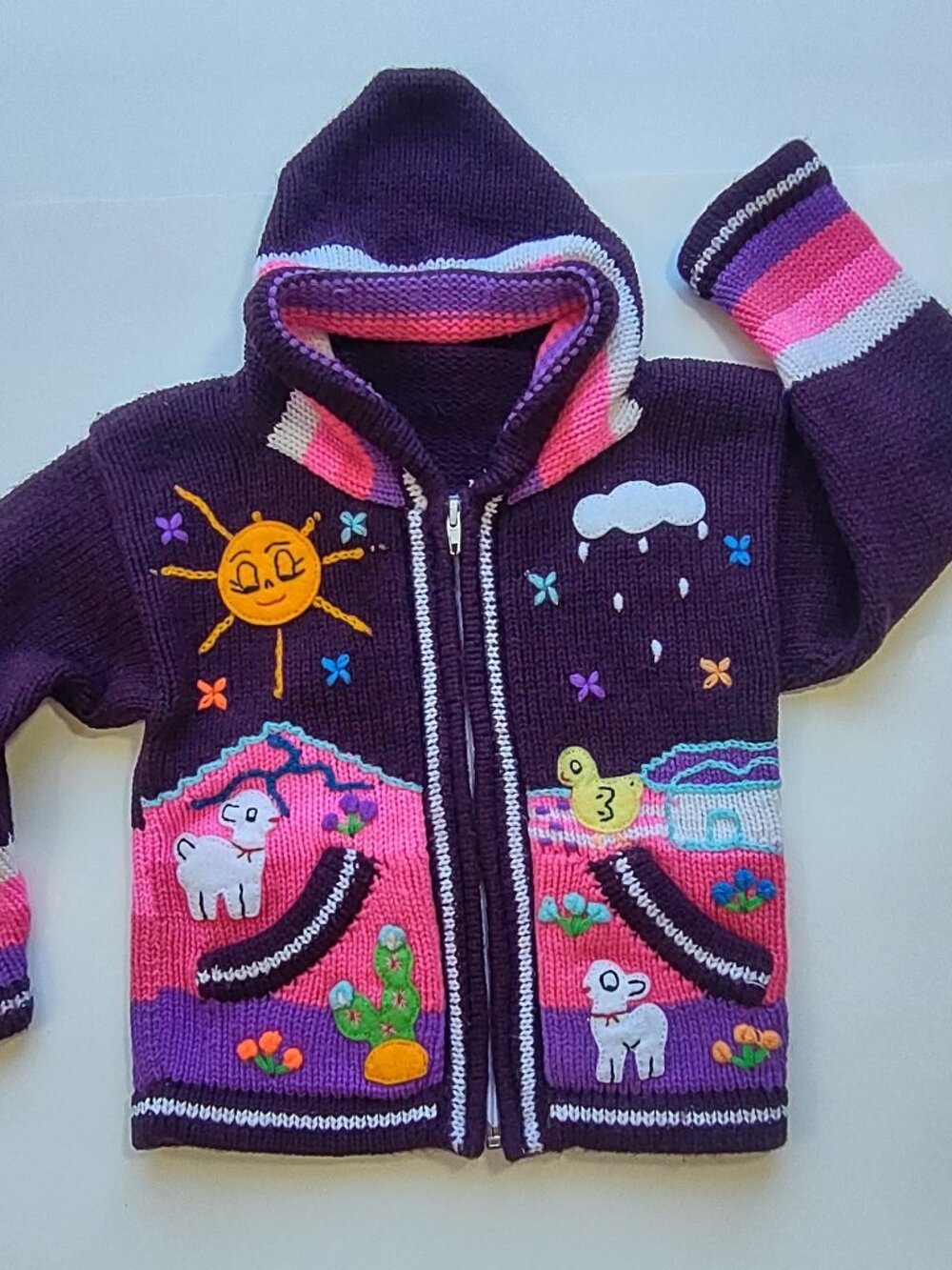 Peruvian Cardigan Sweater Kid Size 2T Full Zip Hood Pockets Purple & Pink - Picture 2 of 8
